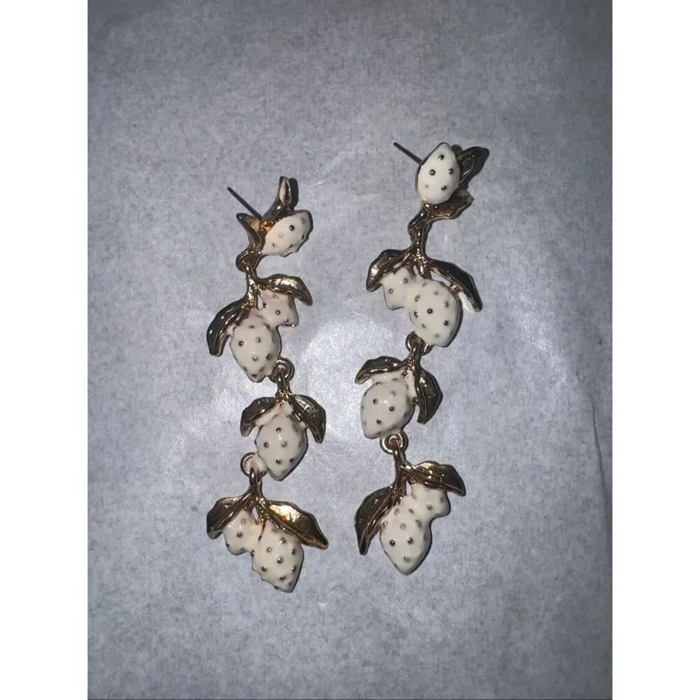 White Strawberry Dangle Earrings in Gold